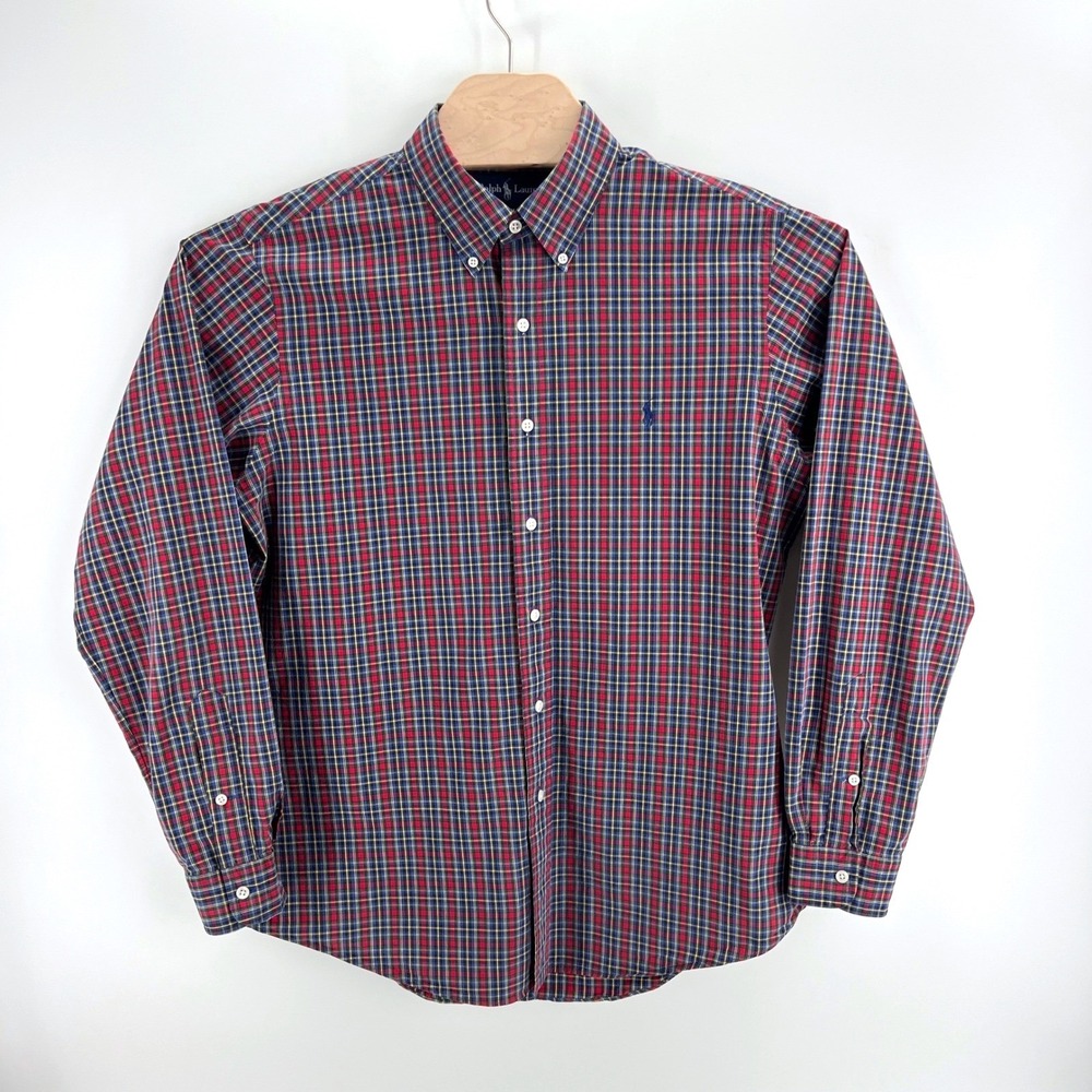 Ralph Lauren Custom Fit Plaid Button Down Size L Cotton Red Blue Preppy Classic